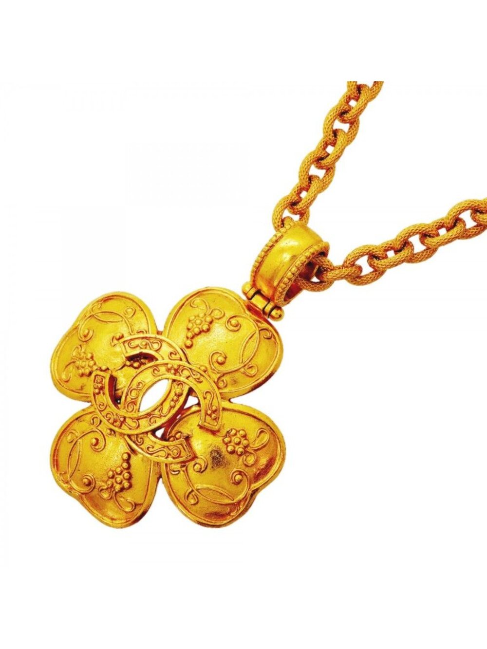 Chanel Necklace Vintage CC Logo Clover Motif Gold Plated